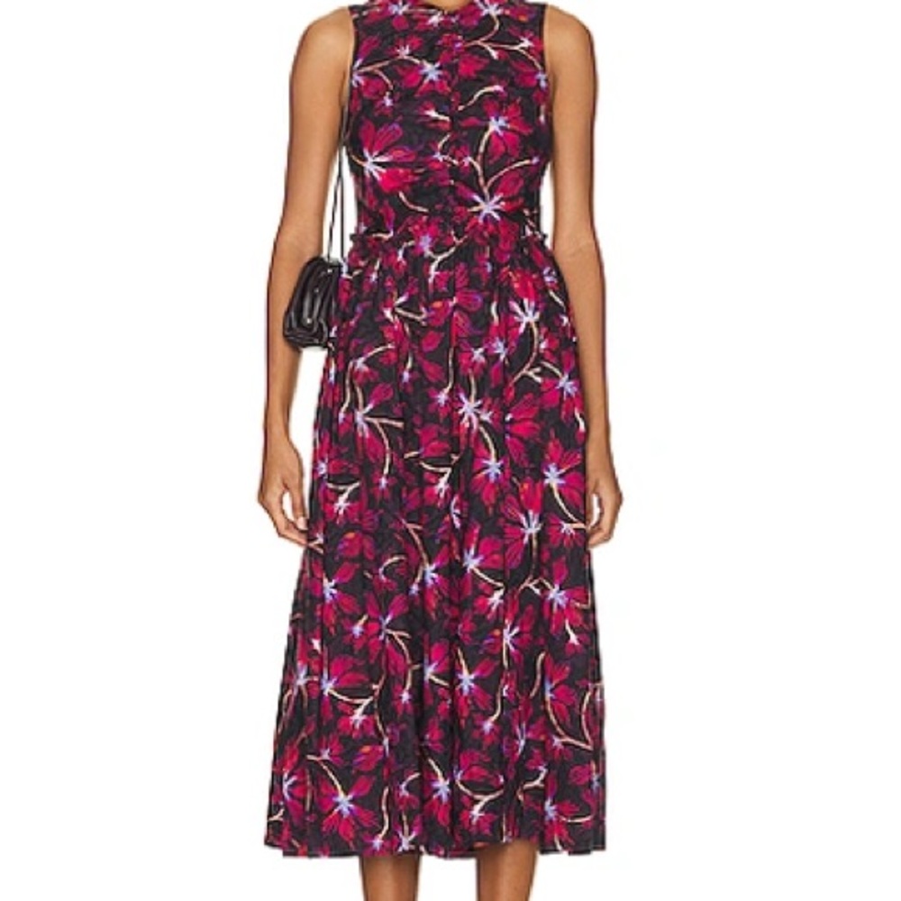 Ulla Johnson Sleeveless Floral Midi Dress in Fuchsia and Black